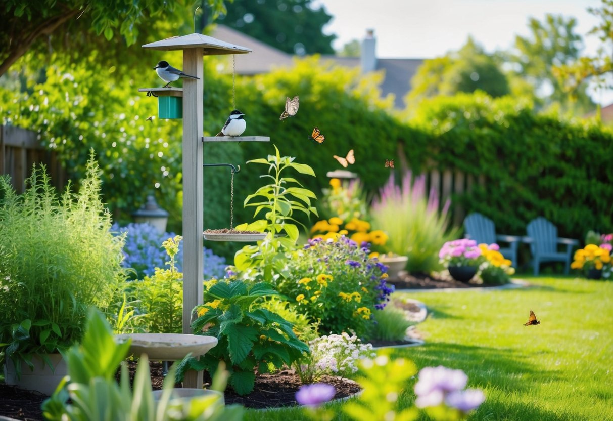 A lush backyard garden with native plants and bird feeders, attracting a variety of local wildlife such as birds, butterflies, and bees