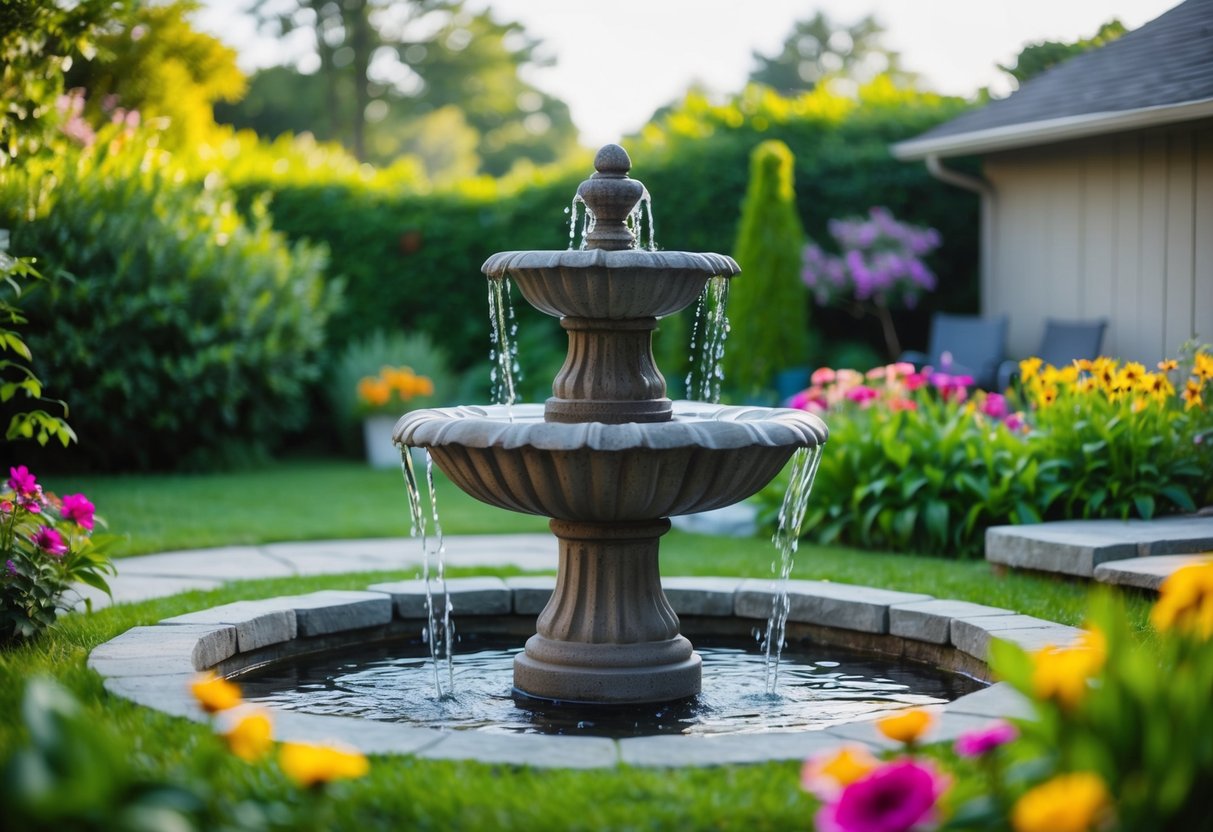 A serene backyard with a stone fountain surrounded by lush greenery and colorful flowers, with water gently flowing from the center