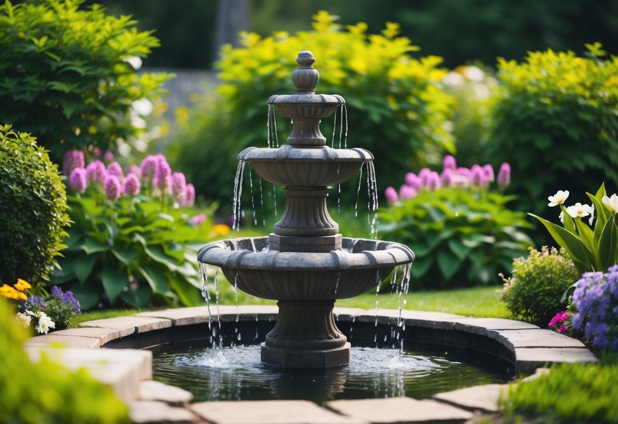 A serene backyard with a stone fountain surrounded by lush greenery and colorful flowers, with water flowing gently into a small pond