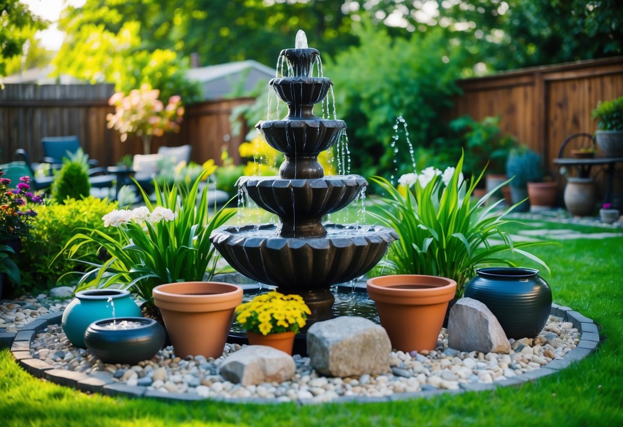 A lush backyard garden with a variety of DIY water features, including a fountain made from repurposed materials like pots and stones