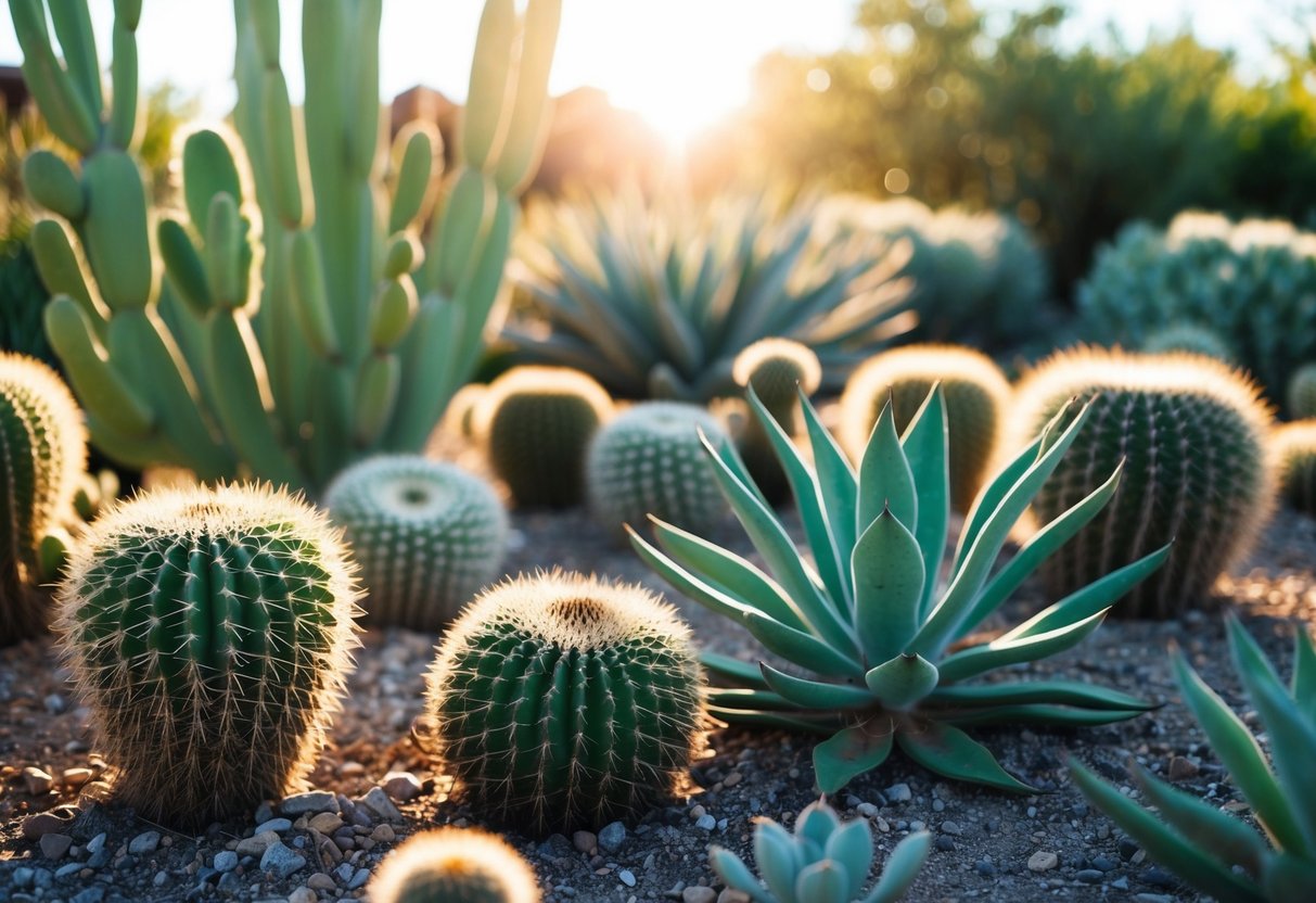 A garden with cacti, succulents, and other drought-resistant plants thriving in dry soil under the bright sun