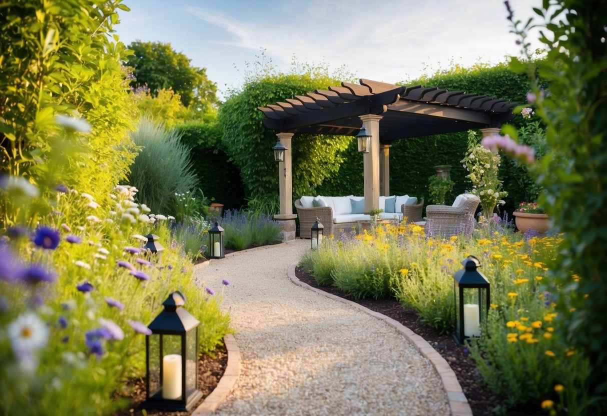 A winding garden path lined with wildflowers and lanterns, leading to a cozy seating area under a pergola