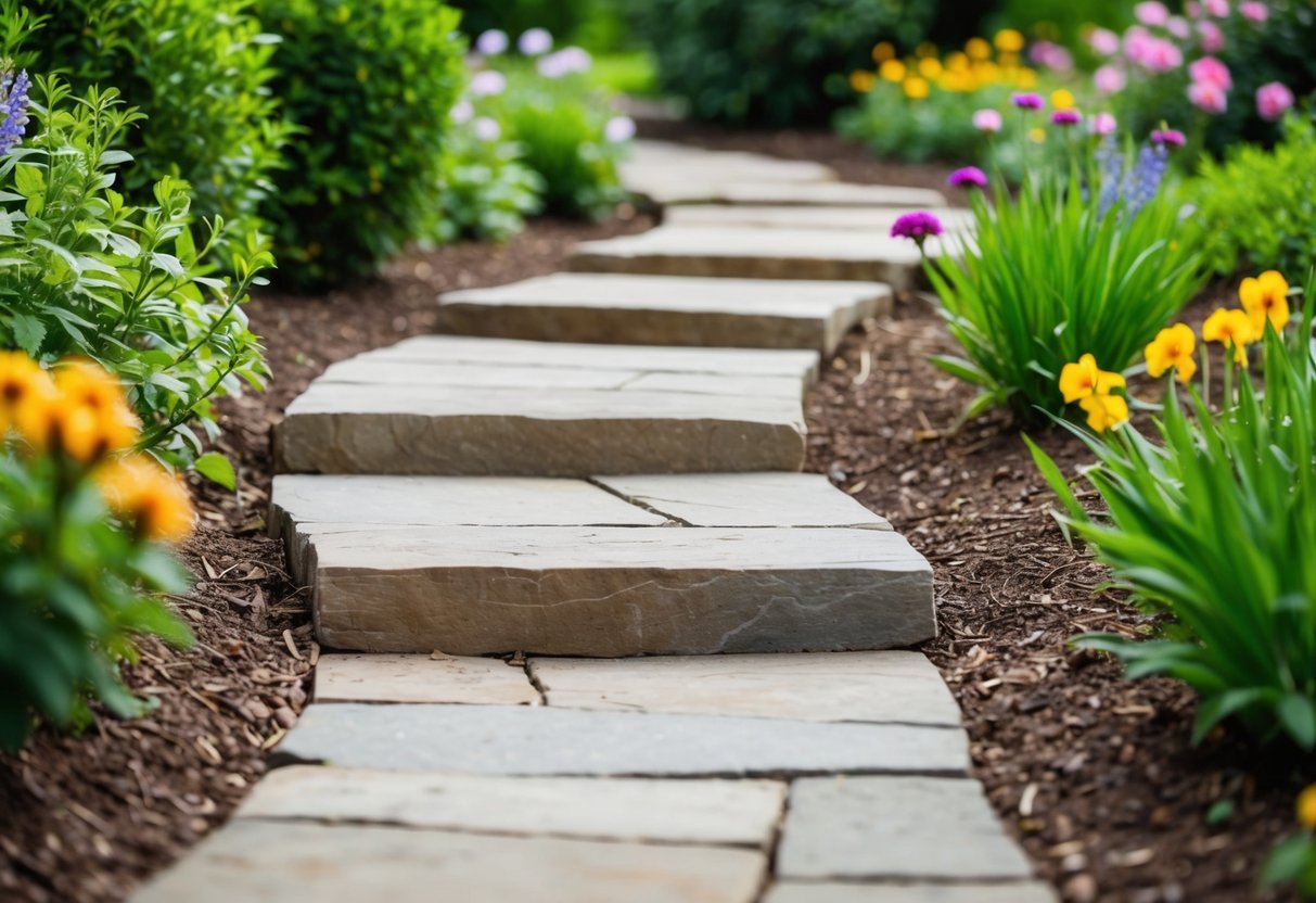 A winding garden path made of natural stone and wood, surrounded by lush greenery and blooming flowers