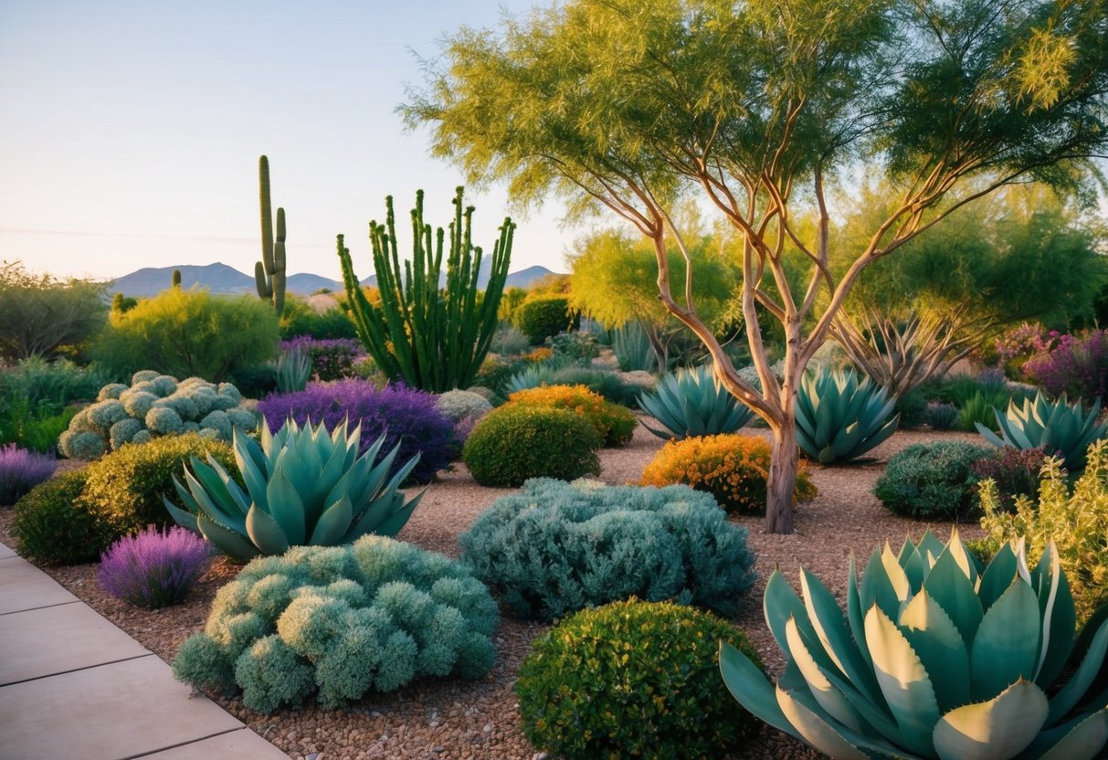 A garden filled with vibrant, drought-resistant shrubs and trees, thriving in the arid landscape