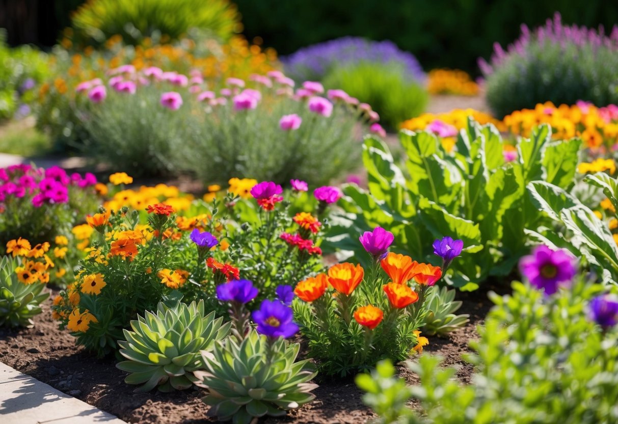 A vibrant garden filled with colorful drought-resistant flowering plants, thriving in the hot sun with minimal water, showcasing sustainable gardening