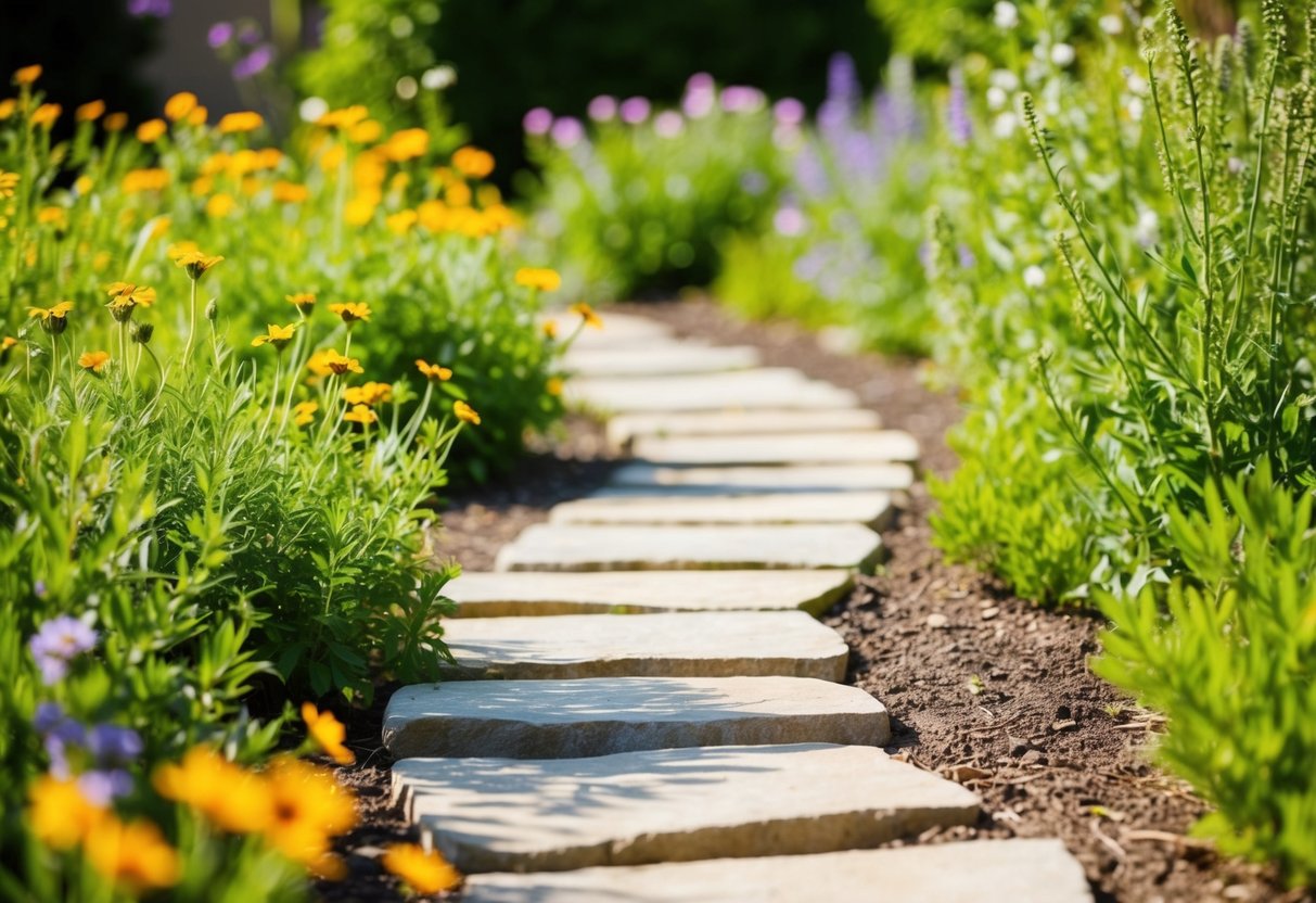 A sunny garden with a winding path made of natural stone and surrounded by wildflowers and greenery